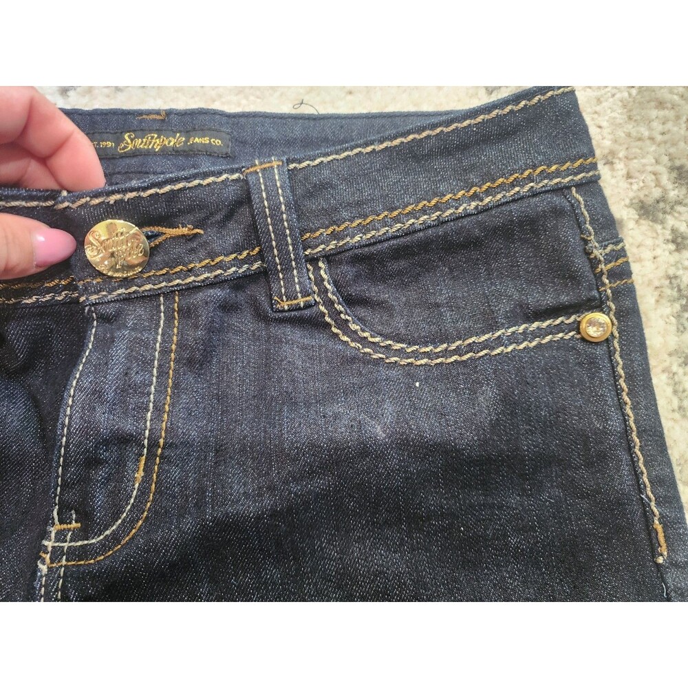 SOUTHPOLE Jean Shorts Womens Dark Blue Wash Hip Hop Y2K Embroidered Size 9 - Picture 6 of 9